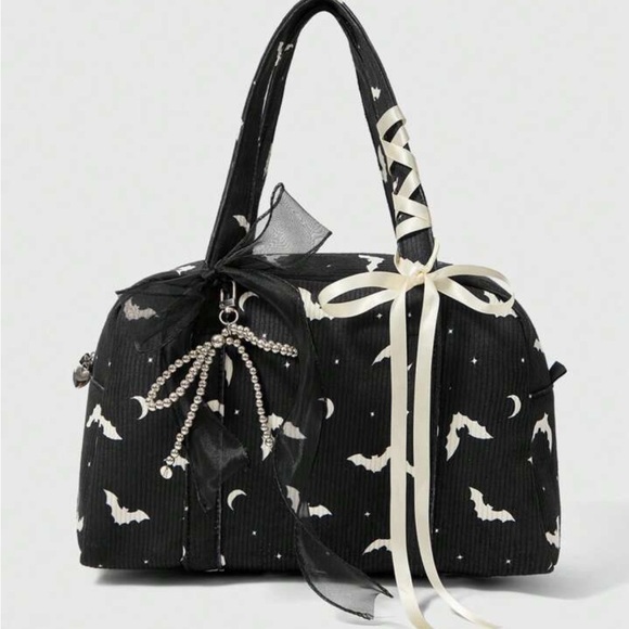 Dolls Kill Handbags - SALE Black and White Goth Corduroy Ribbon Bat Purse